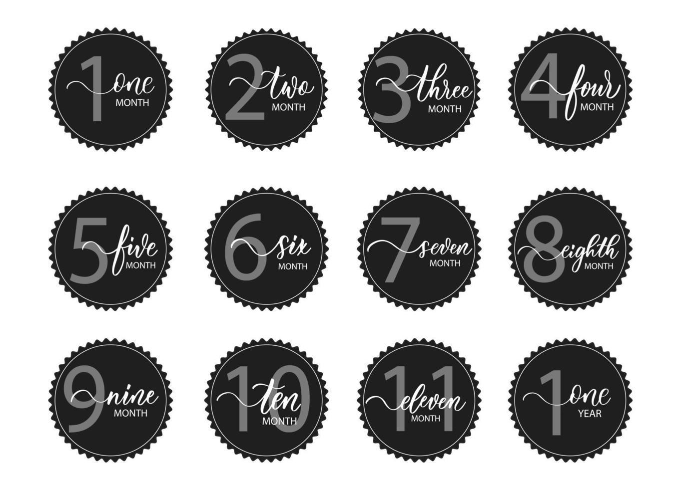 Vector set of stickers for children from birth to one year with smooth line calligraphy. It can be used for photo shoots stickers for nursery cards, posters, invitations.