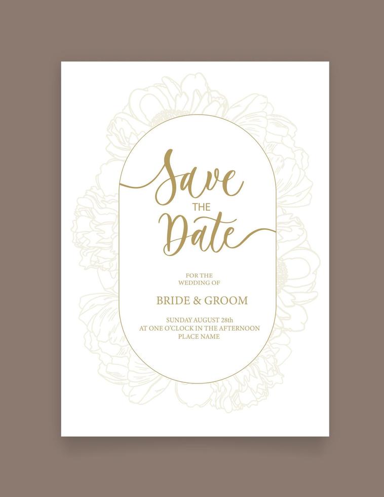 Save the date card. Wedding invitation template, with flowers peony in line. Minimalism style with calligraphy. vector