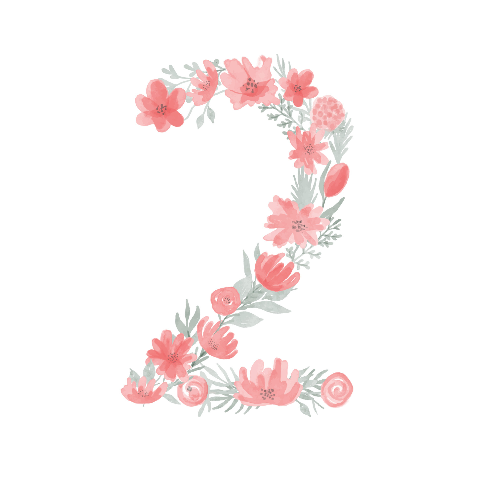 Floral Watercolor Number 2.Number two Made of Flowers. Number Monogram