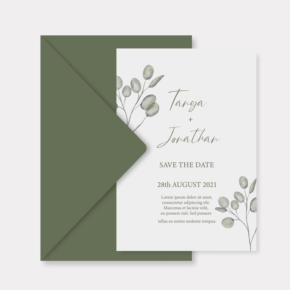 Modern wedding invitation, green wedding invitation template with eucalyptus branches leaf and handmade calligraphy. vector