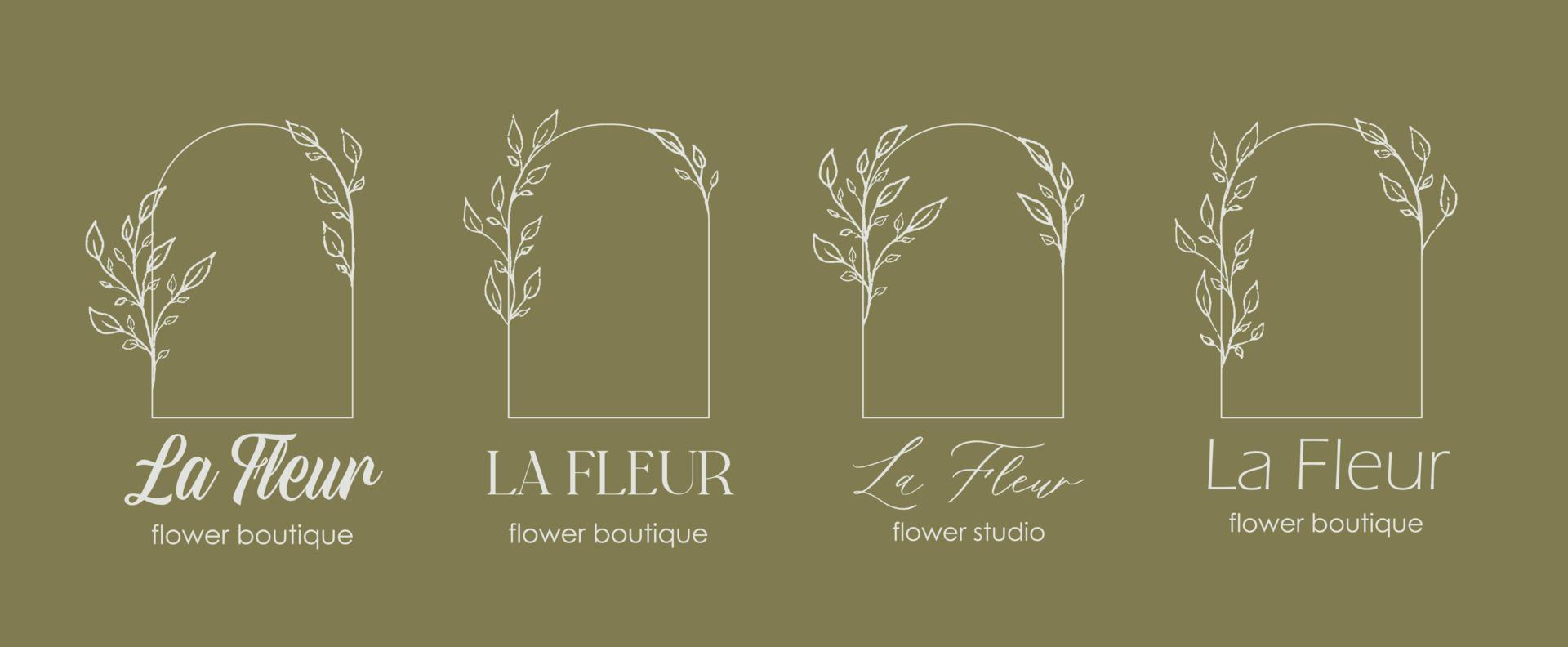 Logo design template and monogram concept in trendy linear style with arch - floral frame with copy space for text or letter - emblem for fashion, beauty and jewellery, Wedding invitation, socia. vector