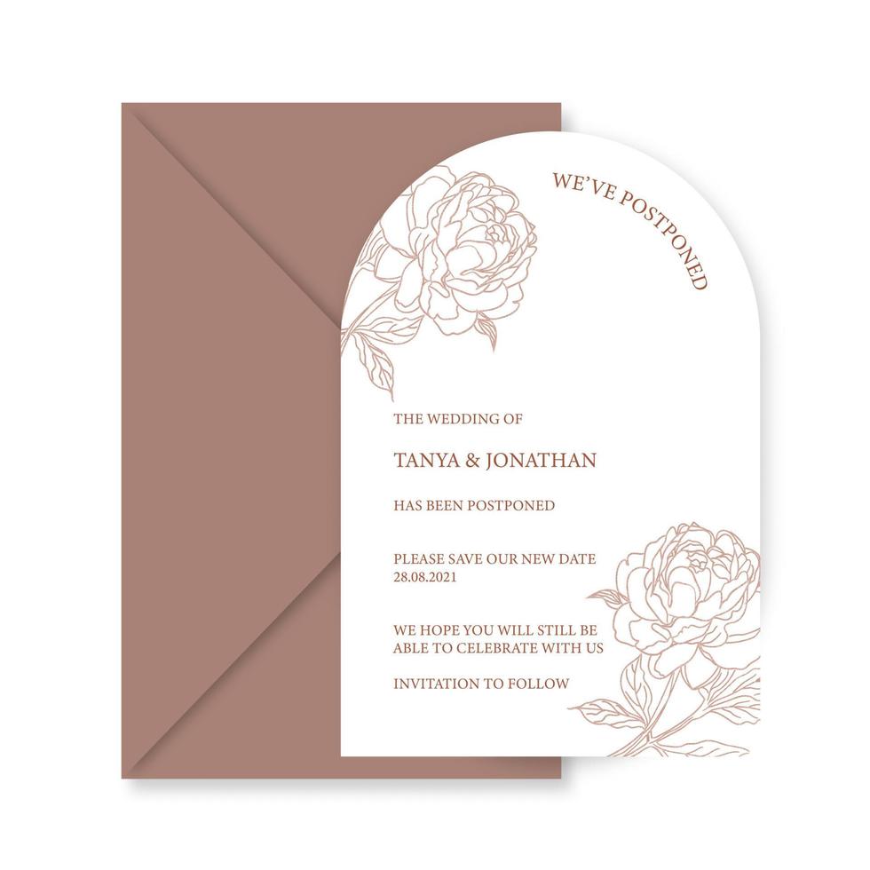 invitación de boda moderna, plantilla de invitación de boda naranja quemada, forma de arco con sombra de gypsophila y caligrafía hecha a mano. vector