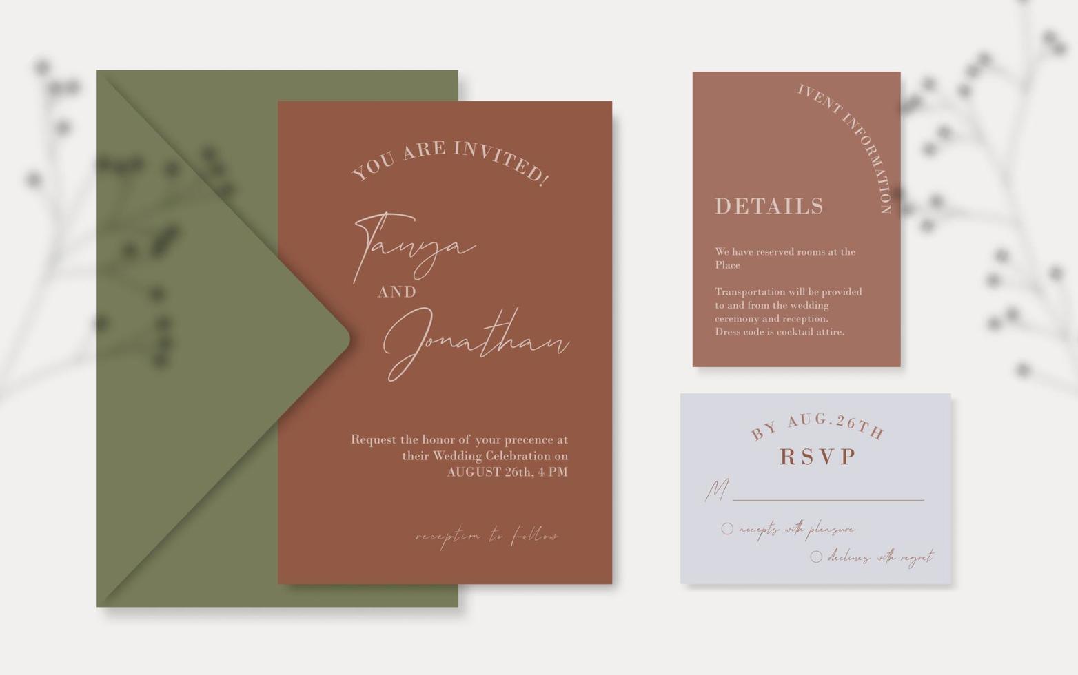 Terracotta wedding invitation set template with details and rsvp cards, Dusty rust and sage green invitation. vector