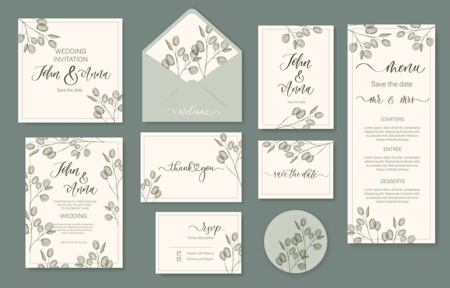 Wedding watercolor floral invitation, thank you, reply, menu, rsvp with gently watercolor eucalyptus green leaves. vector