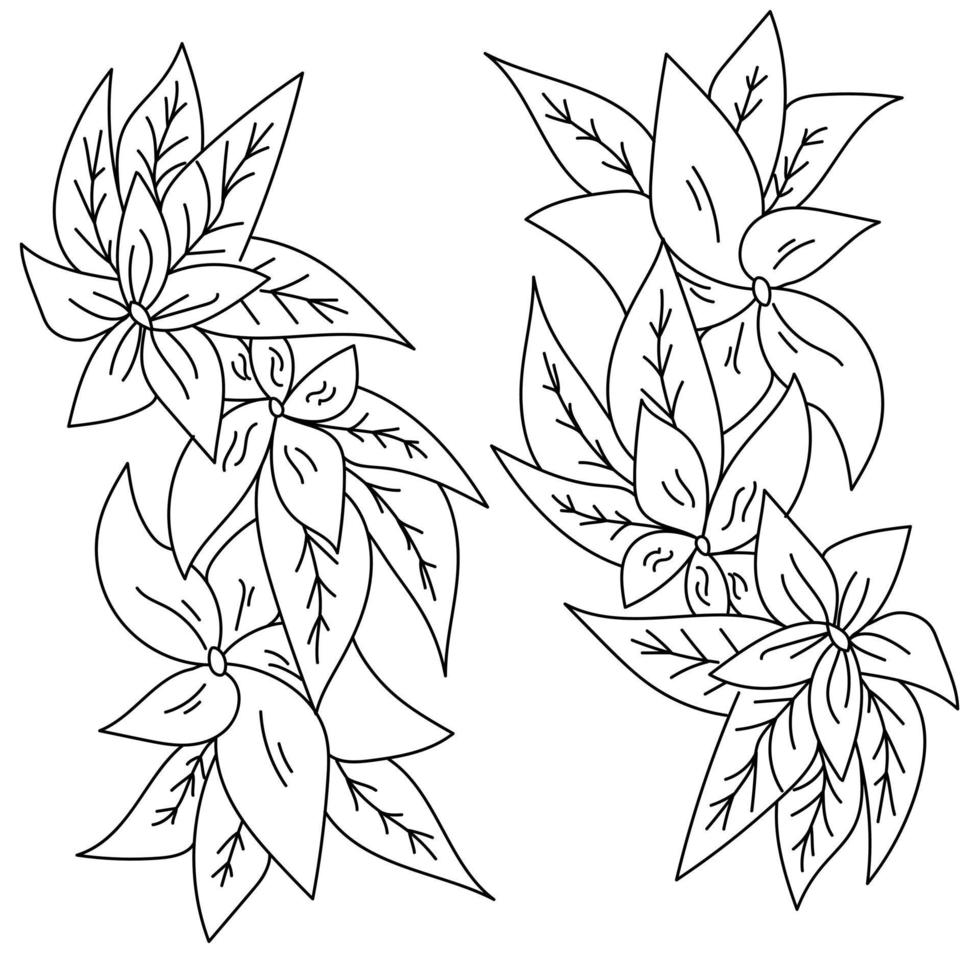 Delicate sprig of flowers with wide petals and ornate leaves, coloring page or decorative element for a postcard vector
