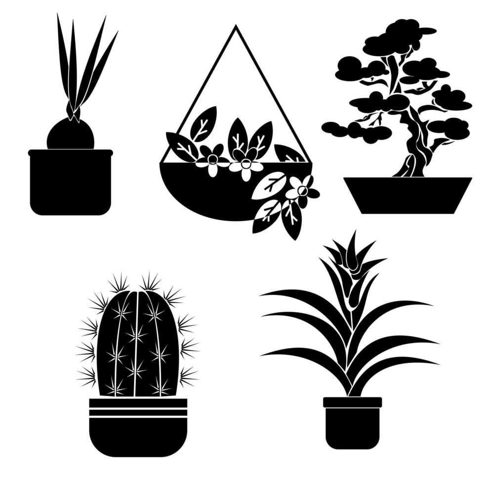 Conjunto de siluetas de flores de interior, diferentes tipos de plantas de interior en macetas vector