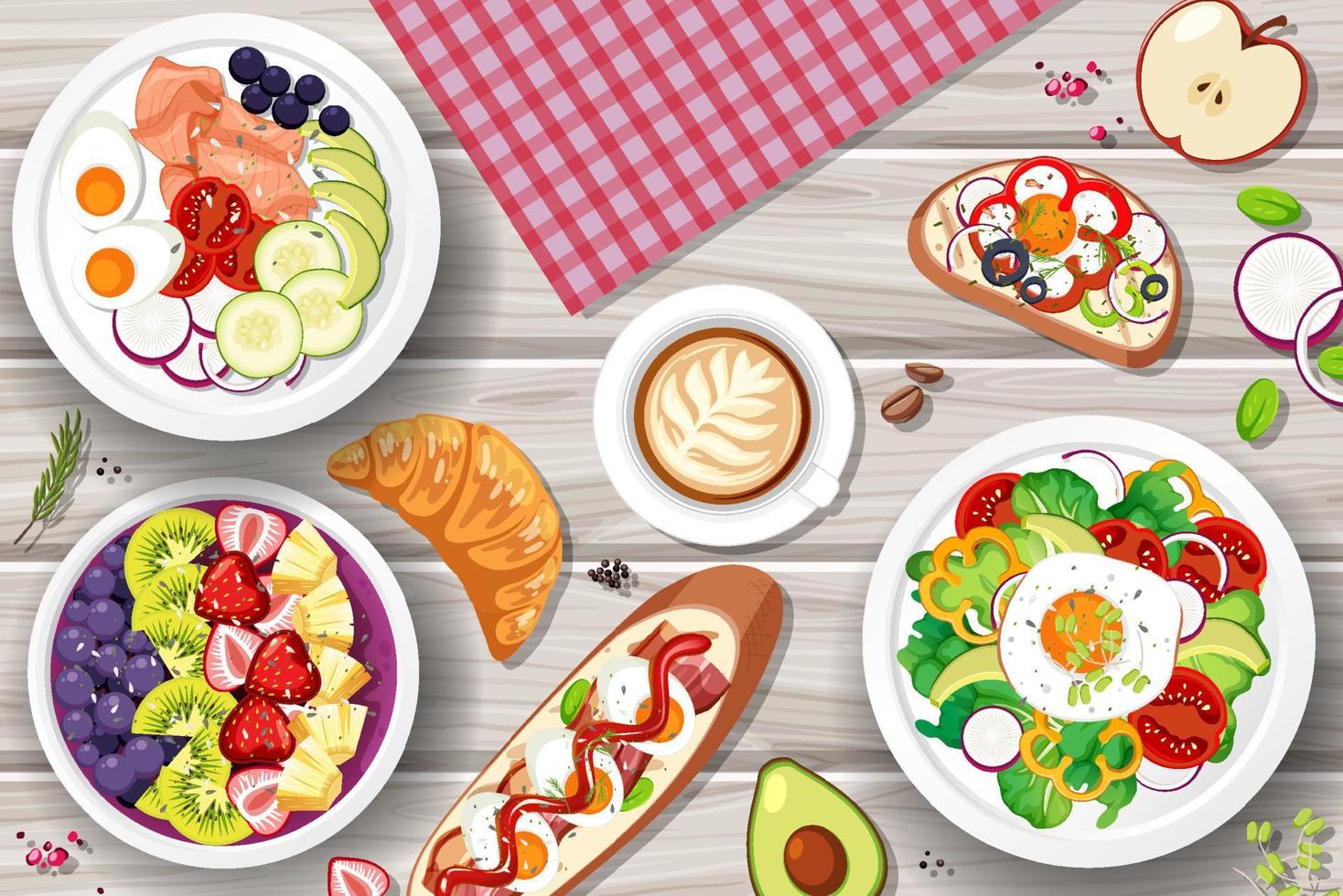 Different plates of food on the table vector