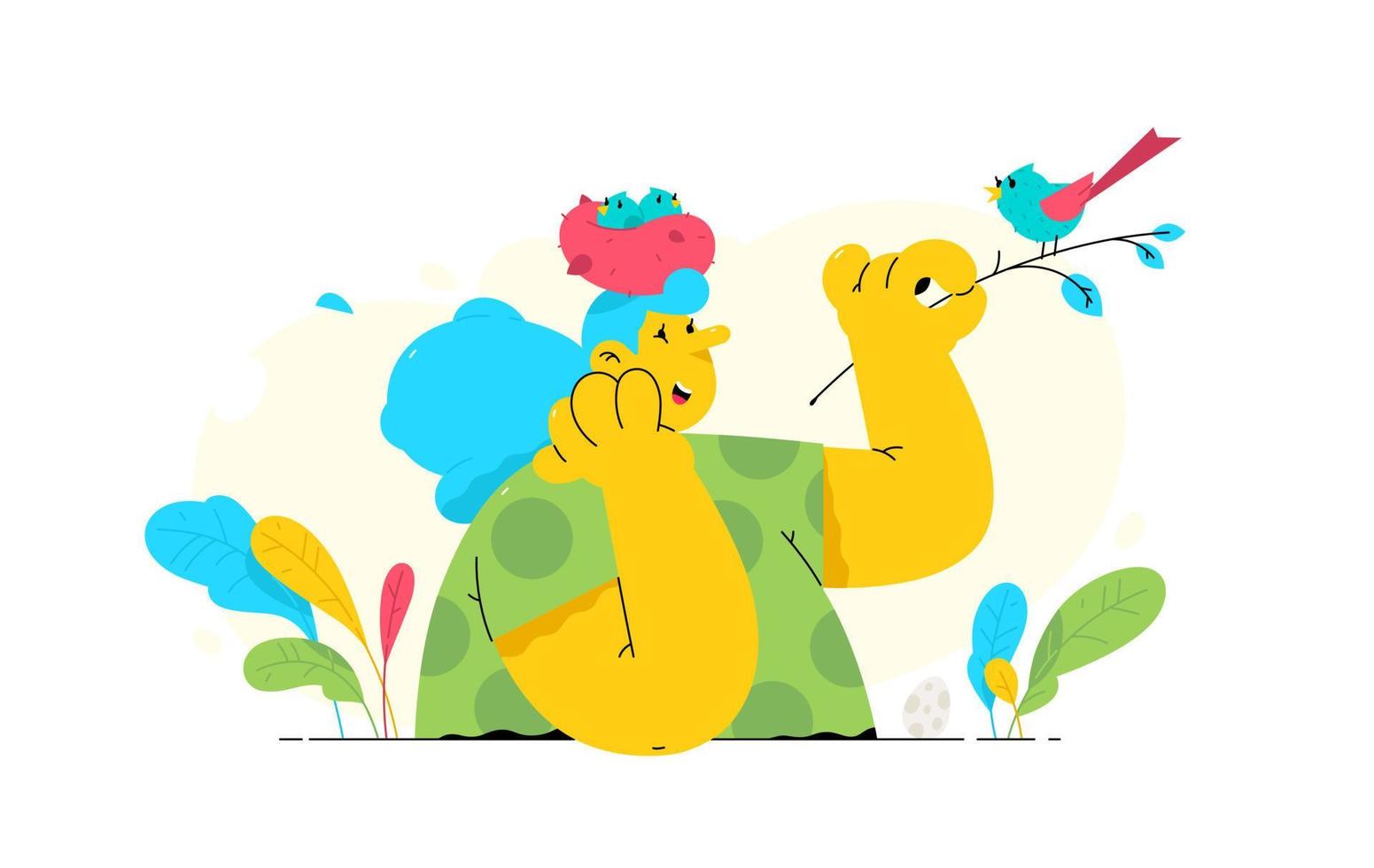 Illustration of a girl with a nest of chicks on her head. Vector. A woman listens to birdsong. Metaphor, taking care of children. Conservation of nature and assistance to birds. vector