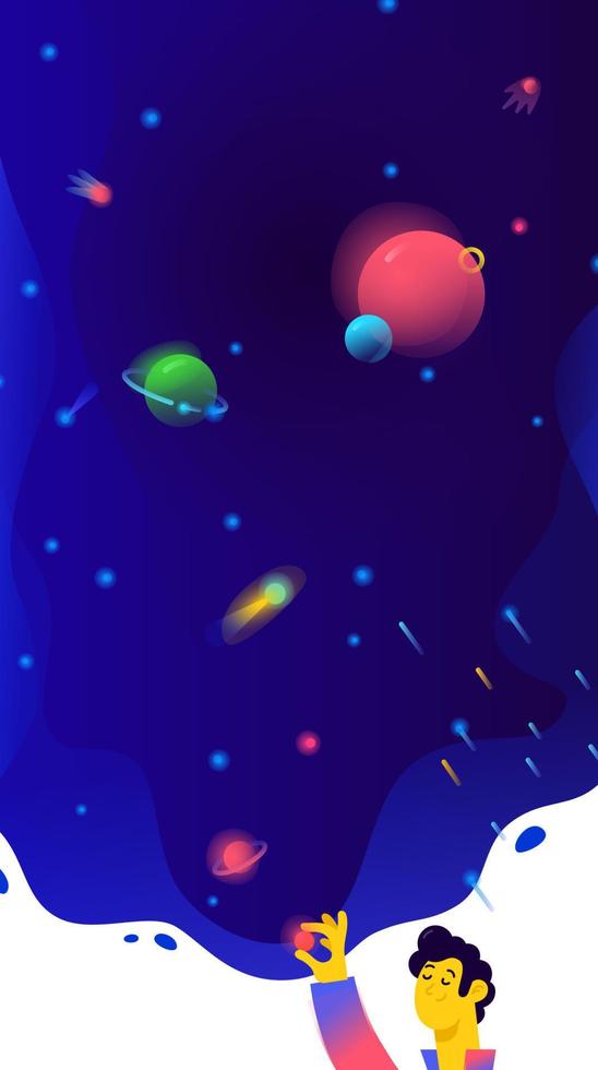 Illustration of free space, planets and satellites. Vector. The guy sleeps and dreams. Flat gradient. A metaphor about dreams and goals. A man creates other worlds, including his beautiful world. vector