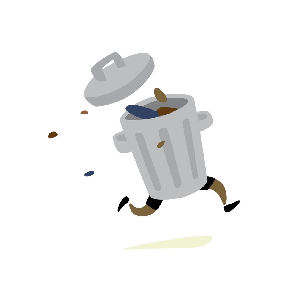 Ilustración de un bote de basura. vector. la basura corre al rescate. personaje para pegatinas y limpiadores de basura. vector