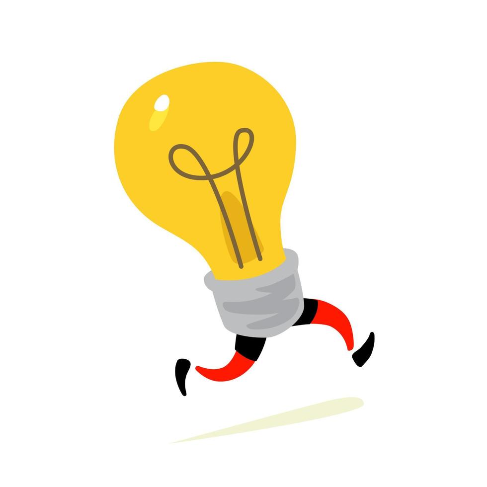 Illustration of a running light bulb. Vector. Character icon of a yellow lamp, light source. Metaphor of an idea coming to mind. Creative thought rushes to the rescue. vector