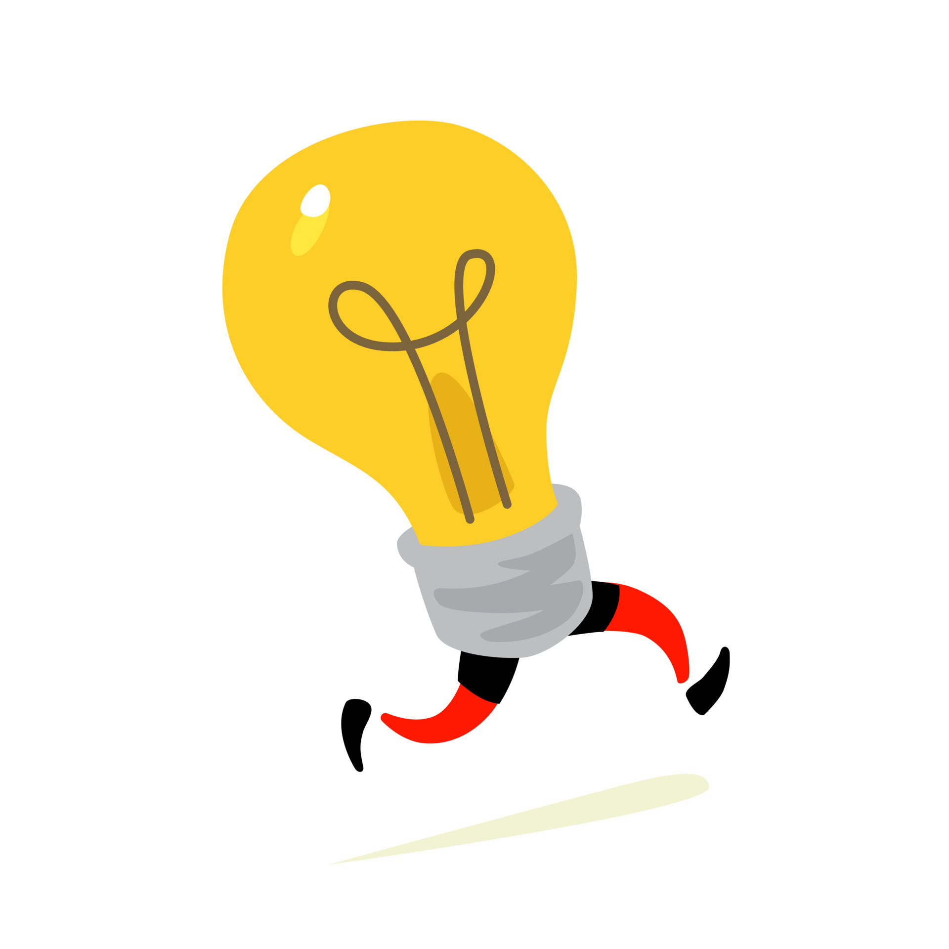 Illustration of a running light bulb. Vector. Character icon of a