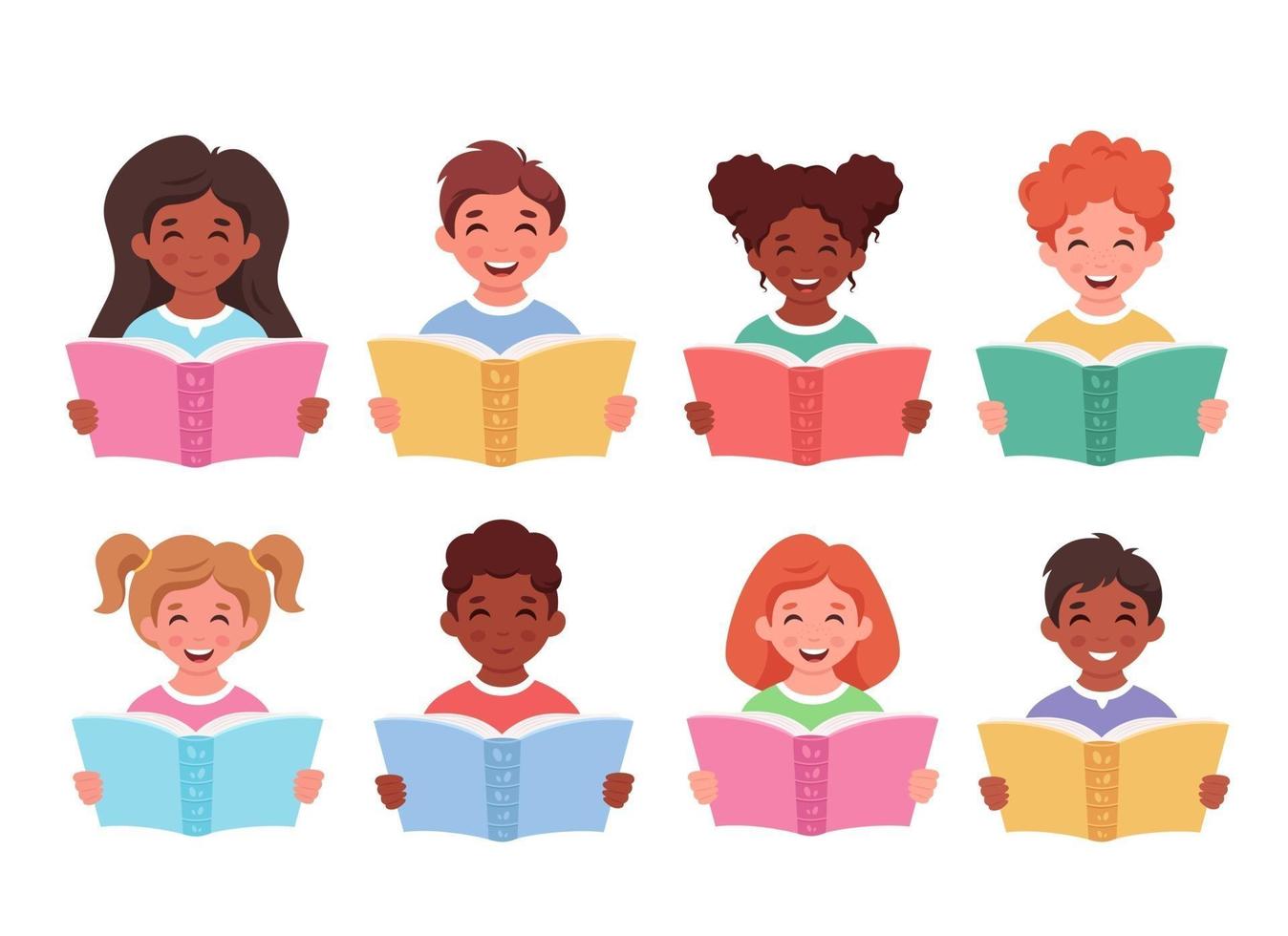 niños leyendo libros. niños y niñas de diferentes nacionalidades con libros. vector