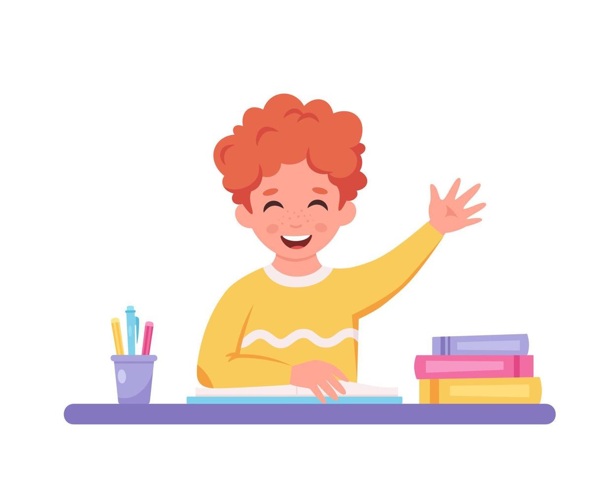 Boy raising hand to answer. Child sitting at a desk with school supplies. vector