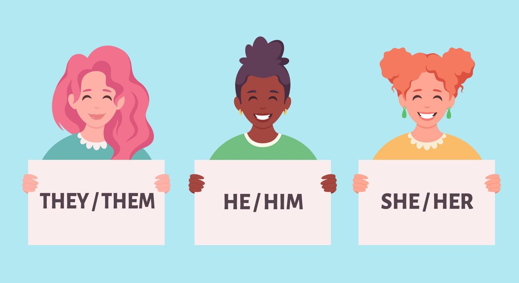 personas con cartel con pronombres de género. ella, él, ellos, no binarios. vector