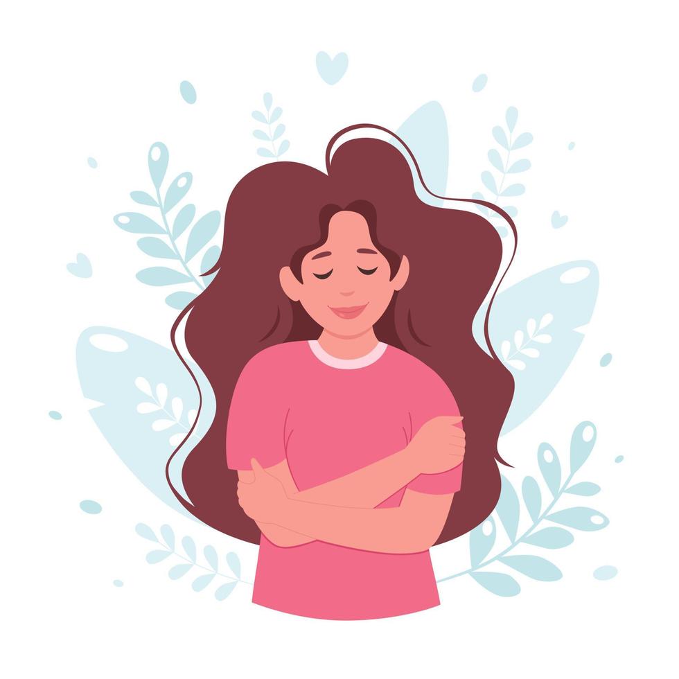 ámate a ti mismo concepto. mujer abrazándose a sí misma, amor propio, cuerpo positivo. vector