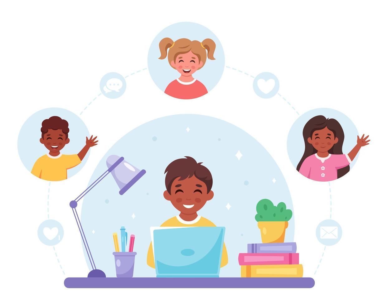 Children communicating online. Video call with friends, chatting online. Online studying vector