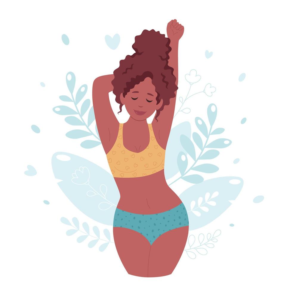 Black woman in underwear. Body positive, self love, self care vector