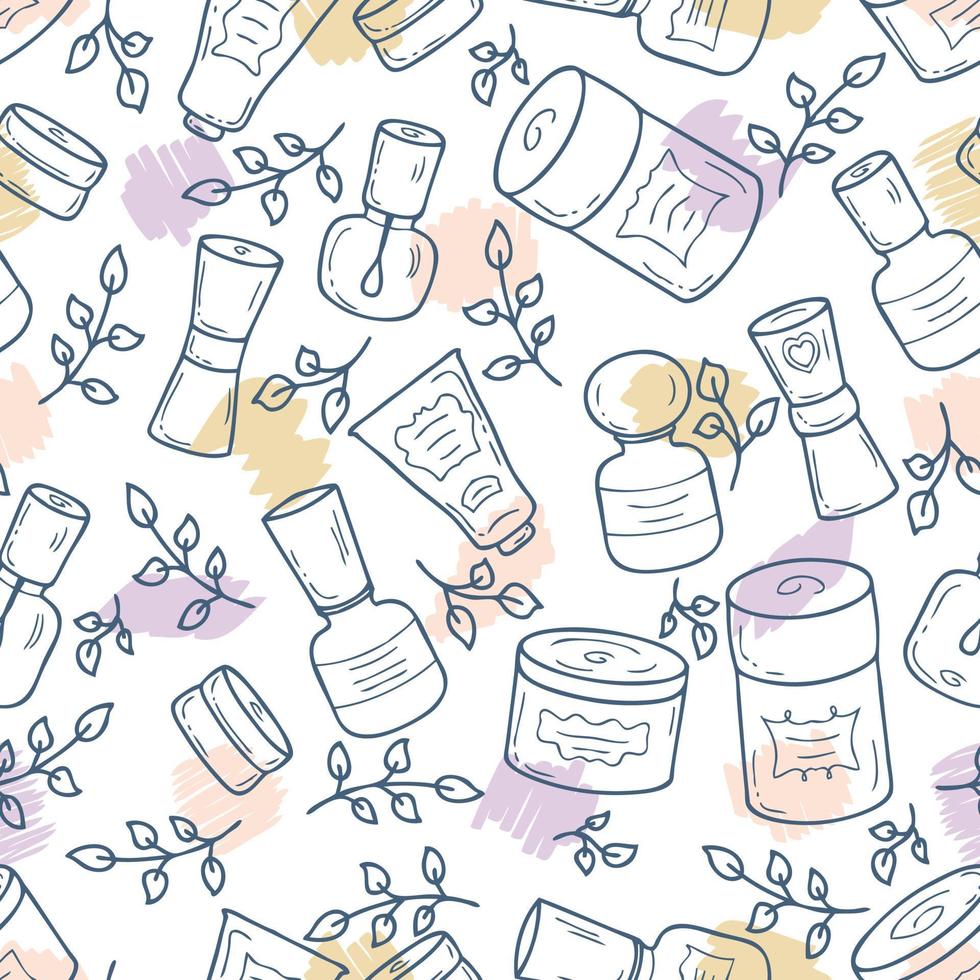 Doodle cosmetic jars with labels and leaves seamless pattern. vector