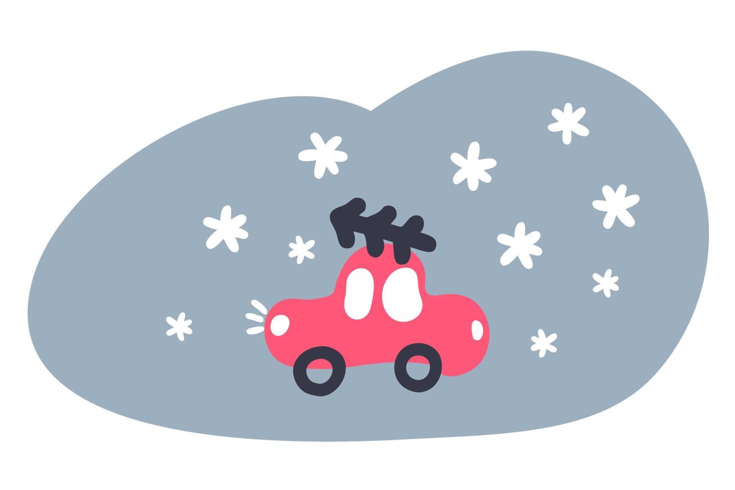 Winter doodle illustration of car carrying Christmas tree in snowfall. vector