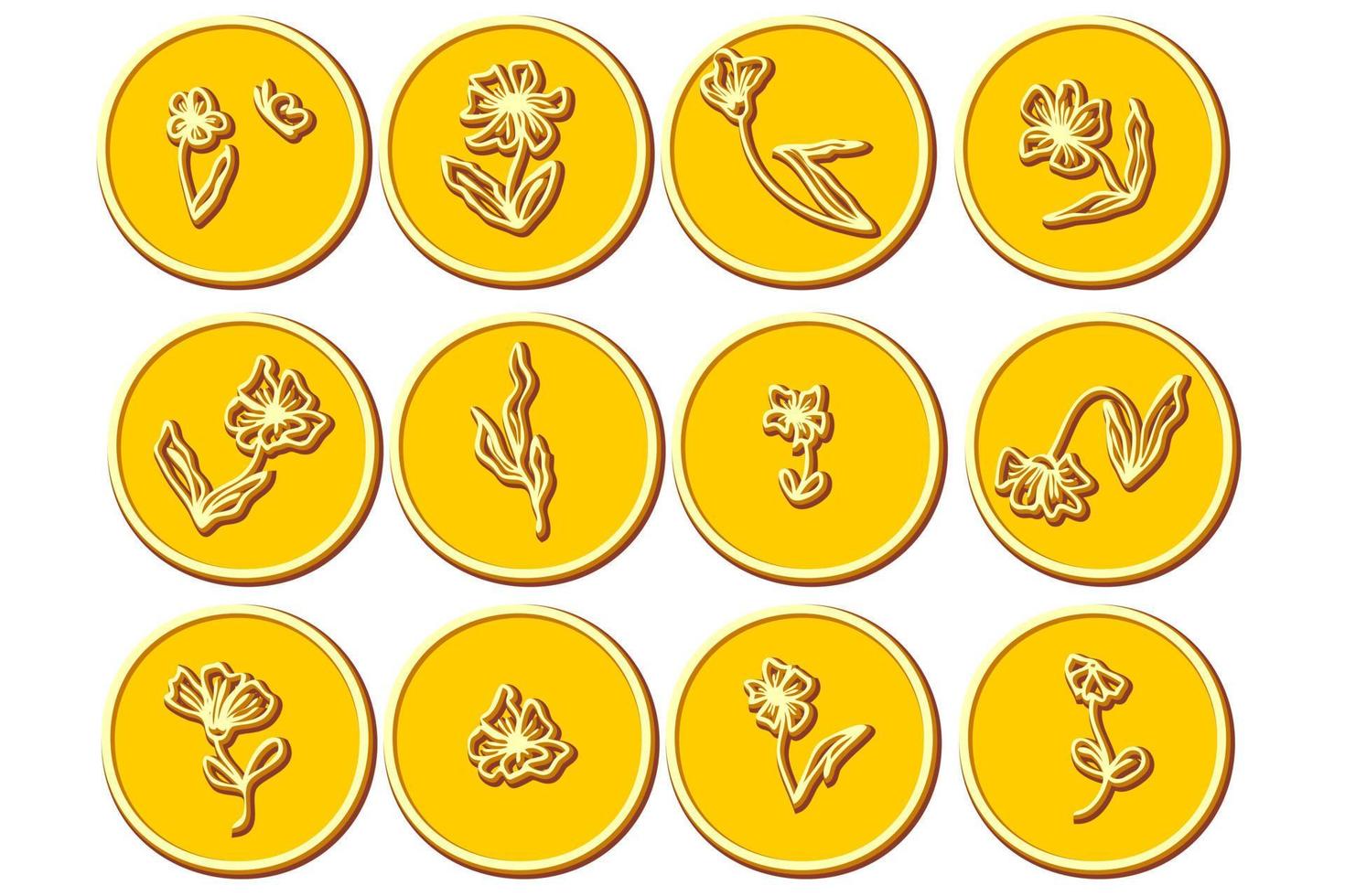 Golden coins doodle collection with flowers and leaves. vector