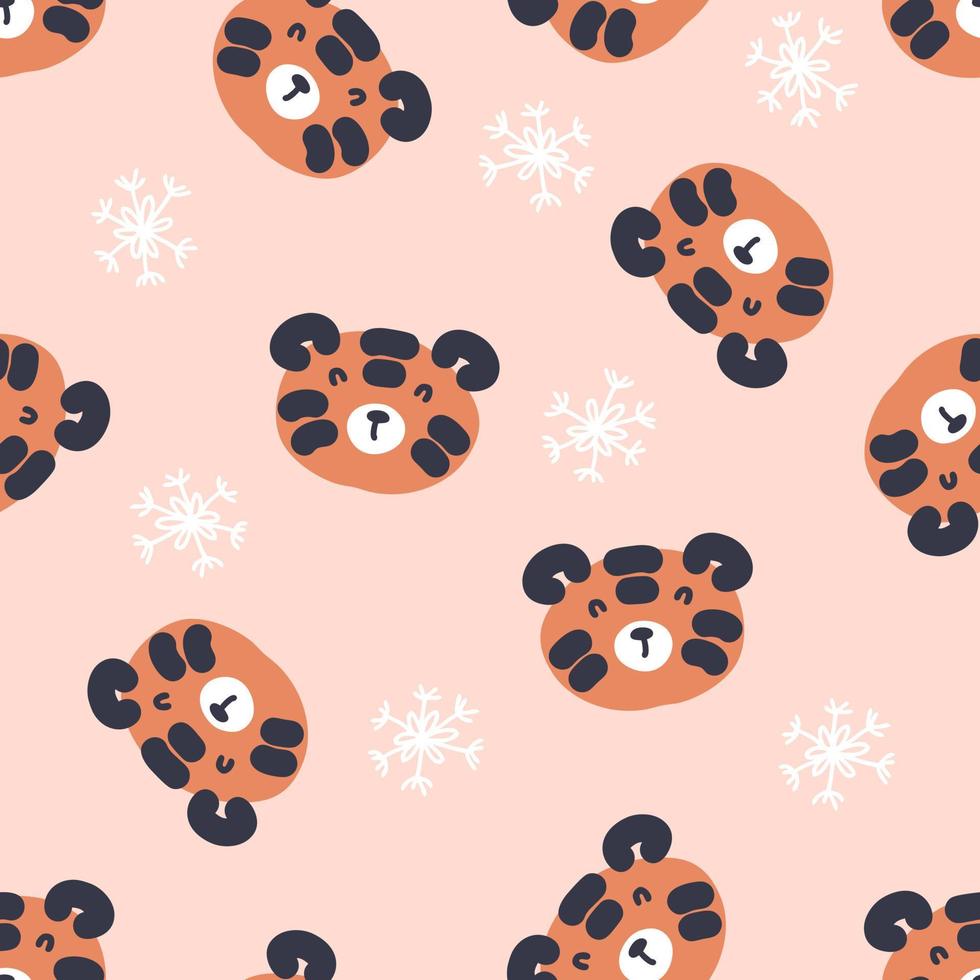 Hand drawn seamless pattern with tiger faces and snowflakes. vector