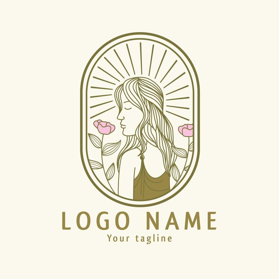 Plantilla de logotipo de mujer de belleza lineal de lujo, estilo vintage vector