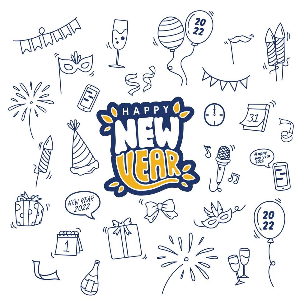 hand drawn doodle art happy new year 2020, editable icons and vectors