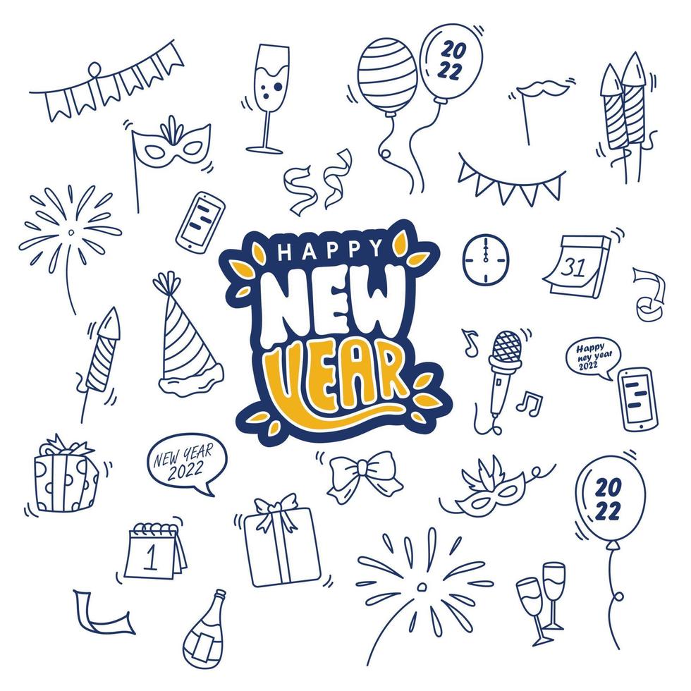 Dibujado a mano doodle art feliz año nuevo 2020, iconos y vectores editables