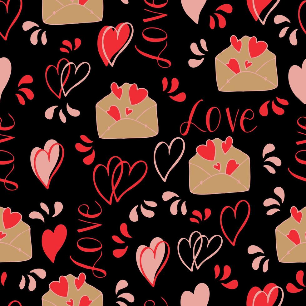 vector seamless pattern of hearts and gifts with congratulations declaration of love on Valentine's Day 14 February. Background for invitations, wallpaper, wrapping paper and scrapbooking