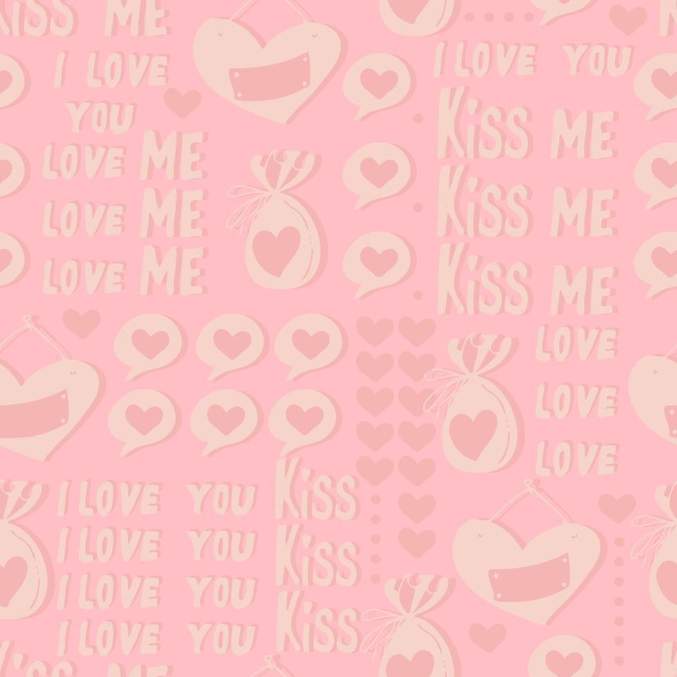 vector seamless pattern of hearts and gifts with congratulations declaration of love on Valentine's Day 14 February. Background for invitations, wallpaper, wrapping paper and scrapbooking