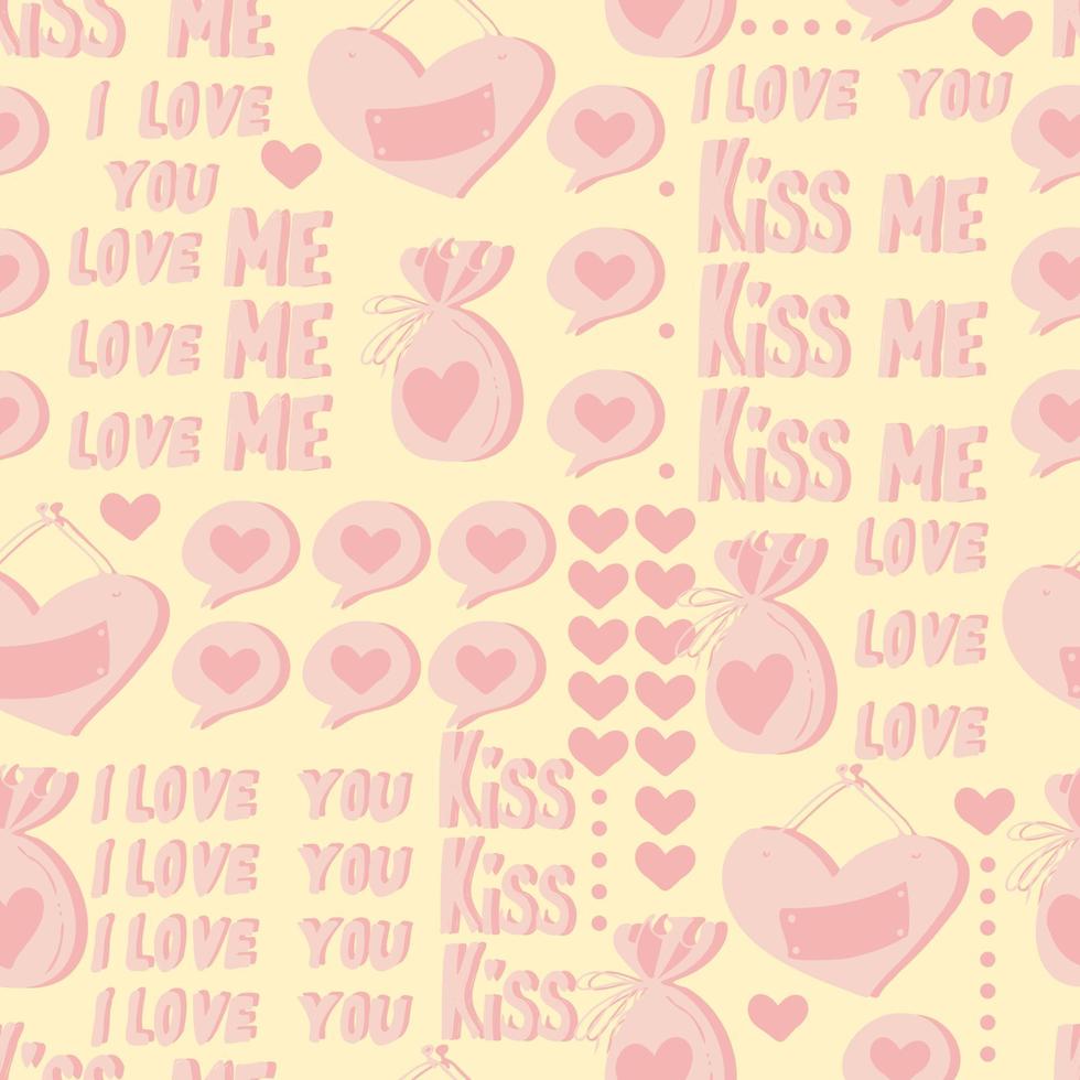 vector seamless pattern of hearts and gifts with congratulations declaration of love on Valentine's Day 14 February. Background for invitations, wallpaper, wrapping paper and scrapbooking