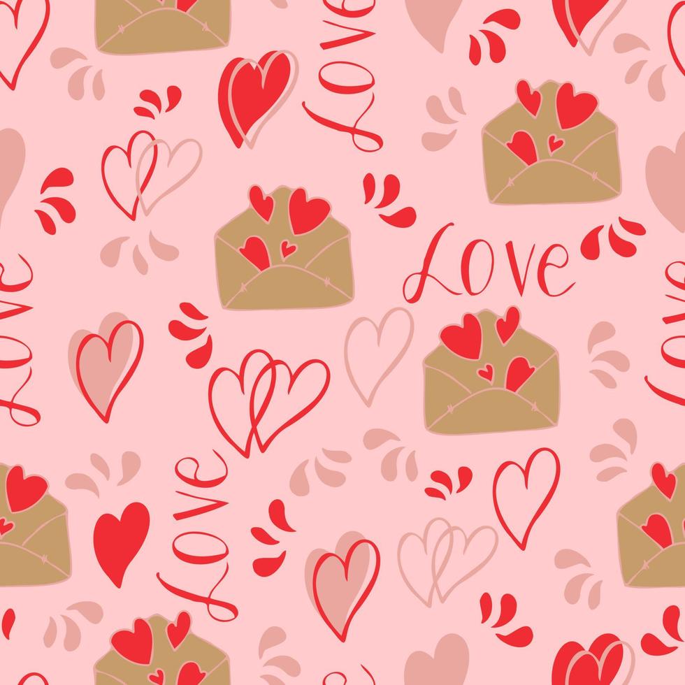 vector seamless pattern of hearts and gifts with congratulations declaration of love on Valentine's Day 14 February. Background for invitations, wallpaper, wrapping paper and scrapbooking