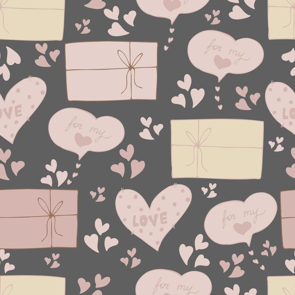 vector seamless pattern of hearts and gifts with congratulations declaration of love on Valentine's Day 14 February. Background for invitations, wallpaper, wrapping paper and scrapbooking