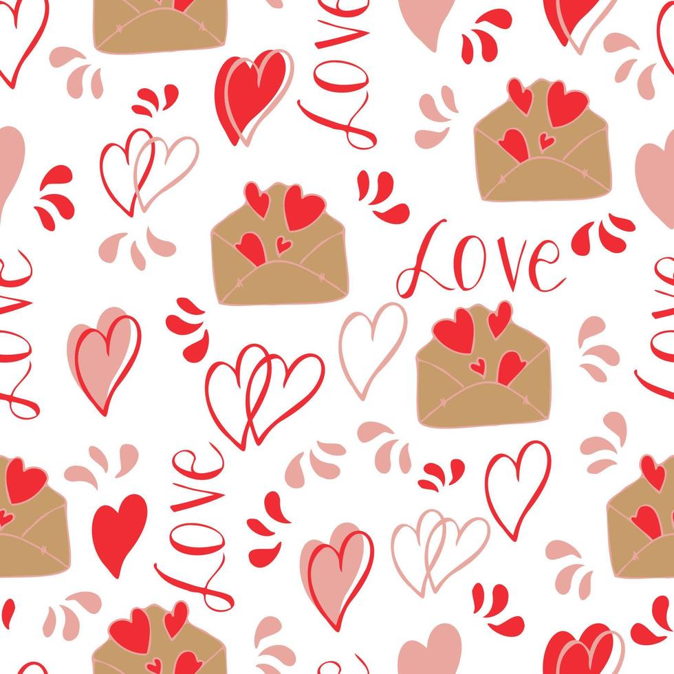 vector seamless pattern of hearts and gifts with congratulations declaration of love on Valentine's Day 14 February. Background for invitations, wallpaper, wrapping paper and scrapbooking