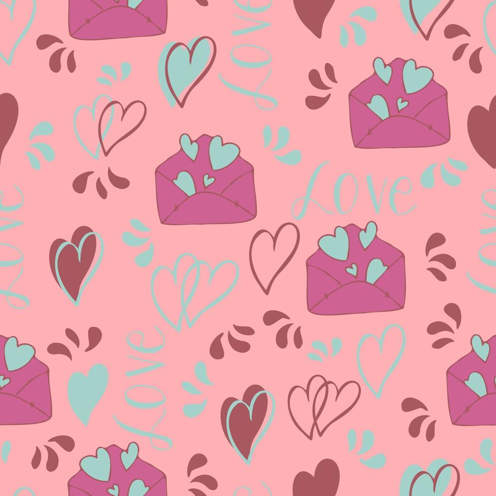 vector seamless pattern of hearts and gifts with congratulations declaration of love on Valentine's Day 14 February. Background for invitations, wallpaper, wrapping paper and scrapbooking