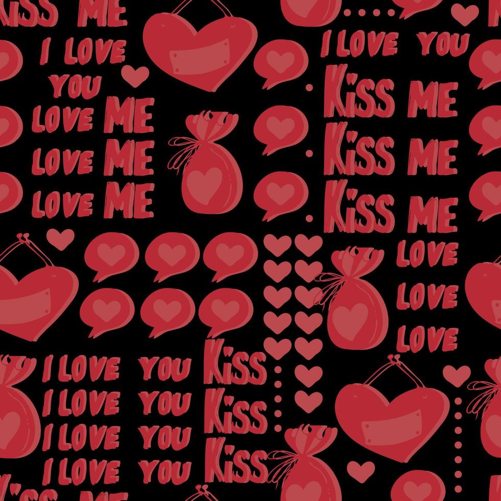 vector seamless pattern of hearts and gifts with congratulations declaration of love on Valentine's Day 14 February. Background for invitations, wallpaper, wrapping paper and scrapbooking