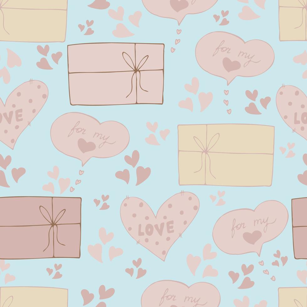 vector de patrones sin fisuras de corazones y regalos con declaración de felicitaciones de amor en el día de San Valentín 14 de febrero. Fondo para invitaciones, papel tapiz, papel de regalo y álbumes de recortes.