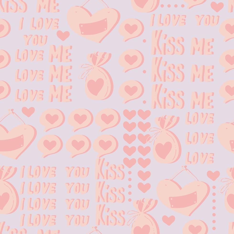 vector seamless pattern of hearts and gifts with congratulations declaration of love on Valentine's Day 14 February. Background for invitations, wallpaper, wrapping paper and scrapbooking