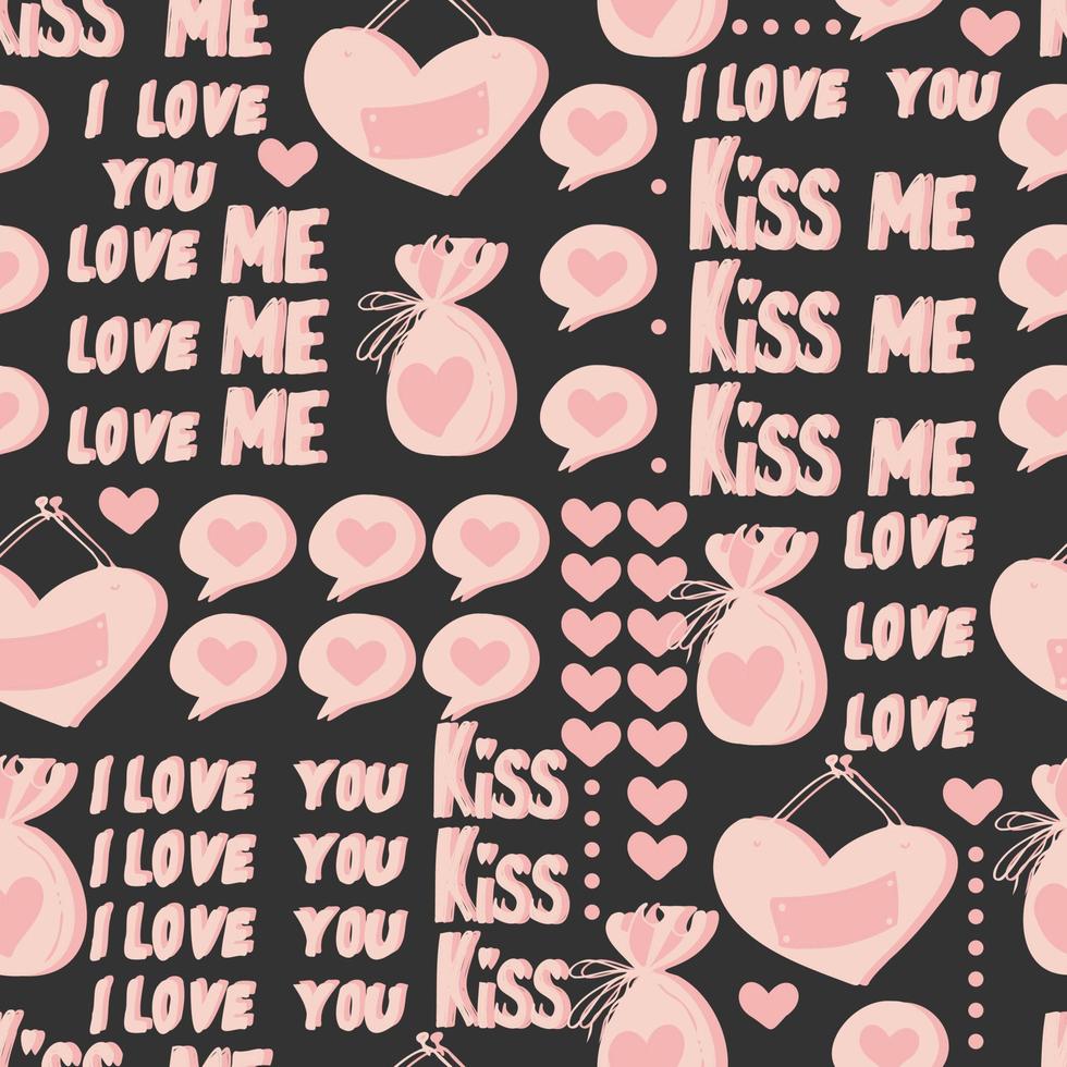 vector seamless pattern of hearts and gifts with congratulations declaration of love on Valentine's Day 14 February. Background for invitations, wallpaper, wrapping paper and scrapbooking