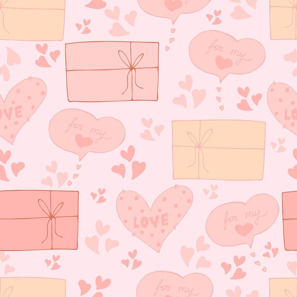 vector seamless pattern of hearts and gifts with congratulations declaration of love on Valentine's Day 14 February. Background for invitations, wallpaper, wrapping paper and scrapbooking