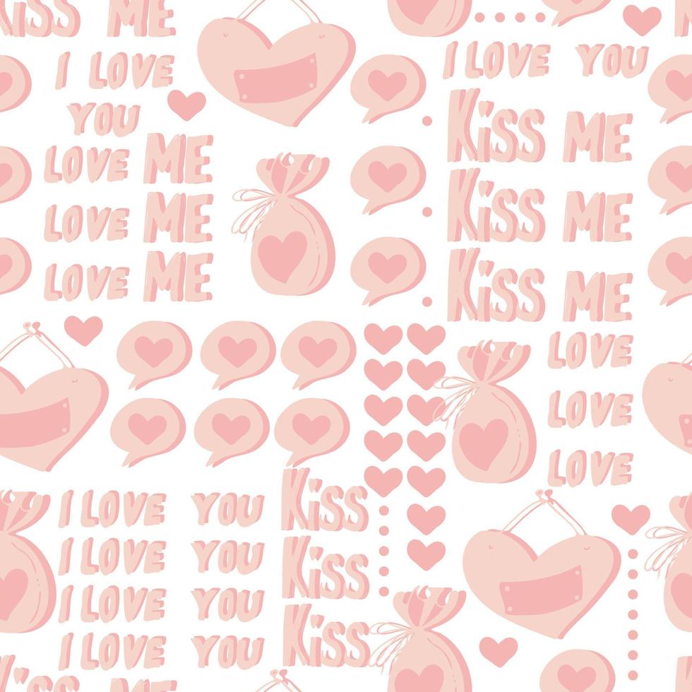 vector seamless pattern of hearts and gifts with congratulations declaration of love on Valentine's Day 14 February. Background for invitations, wallpaper, wrapping paper and scrapbooking