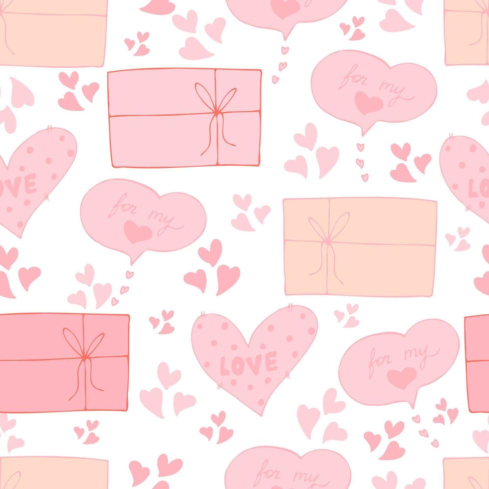vector seamless pattern of hearts and gifts with congratulations declaration of love on Valentine's Day 14 February. Background for invitations, wallpaper, wrapping paper and scrapbooking