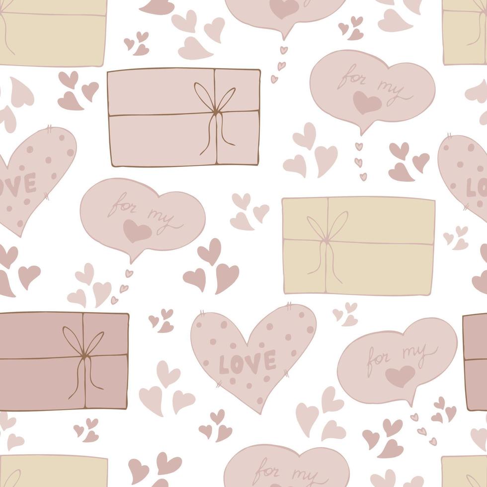 vector seamless pattern of hearts and gifts with congratulations declaration of love on Valentine's Day 14 February. Background for invitations, wallpaper, wrapping paper and scrapbooking