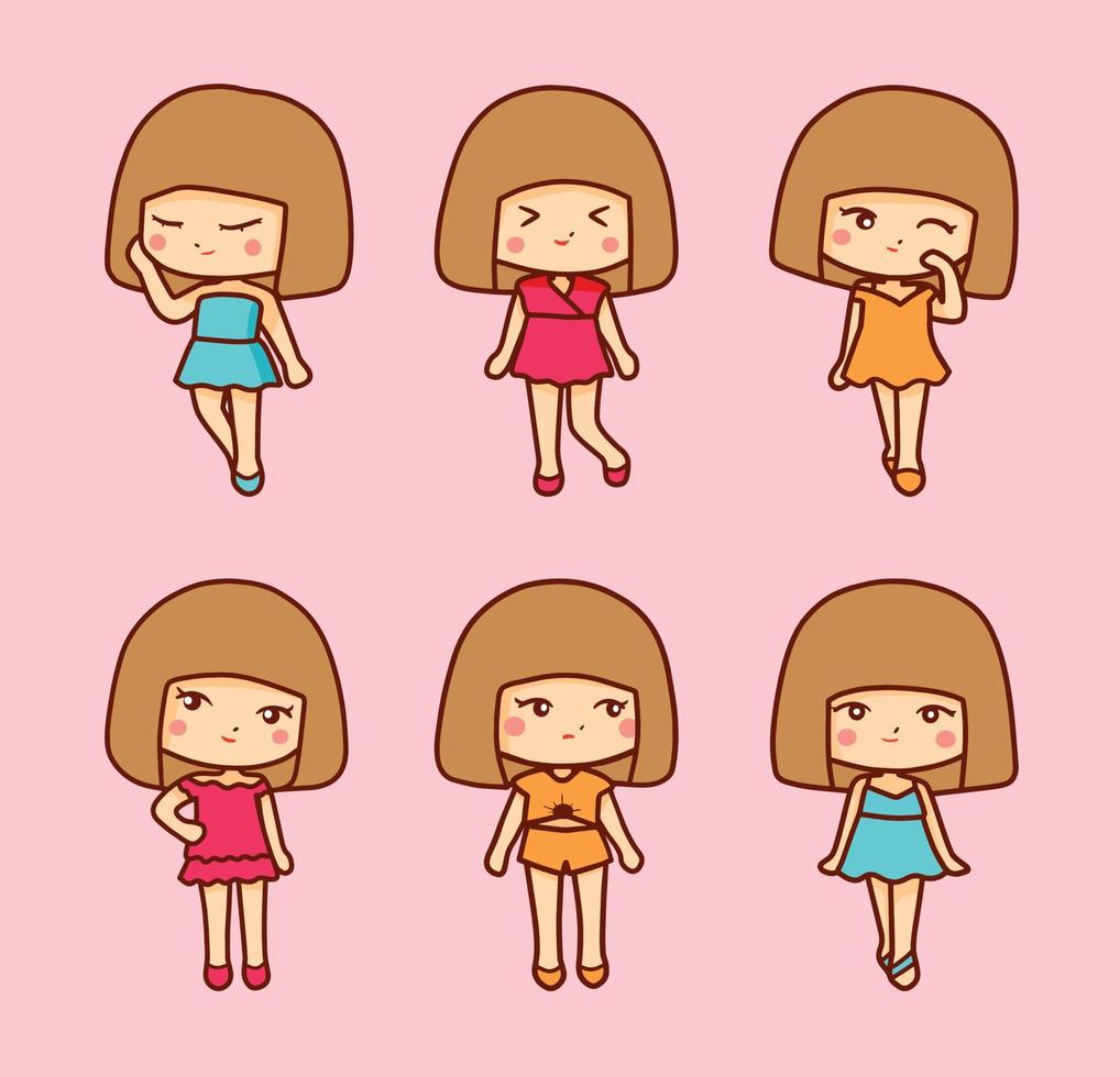 set of kawaii girl pose vector
