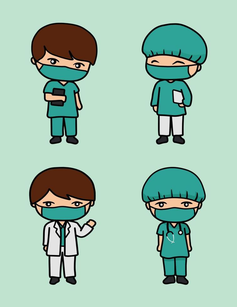 set of doctor and nurse character wearing mask vector