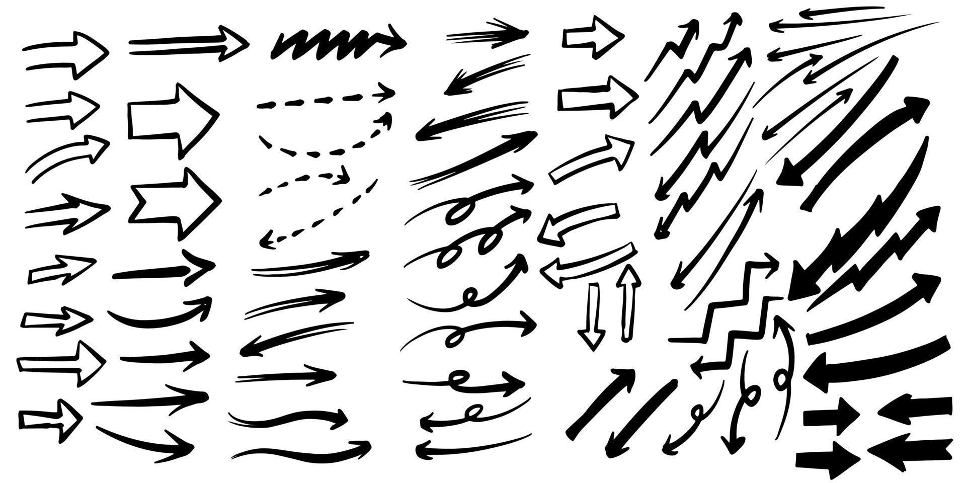 conjunto de flechas curvas vectoriales dibujadas a mano. vector