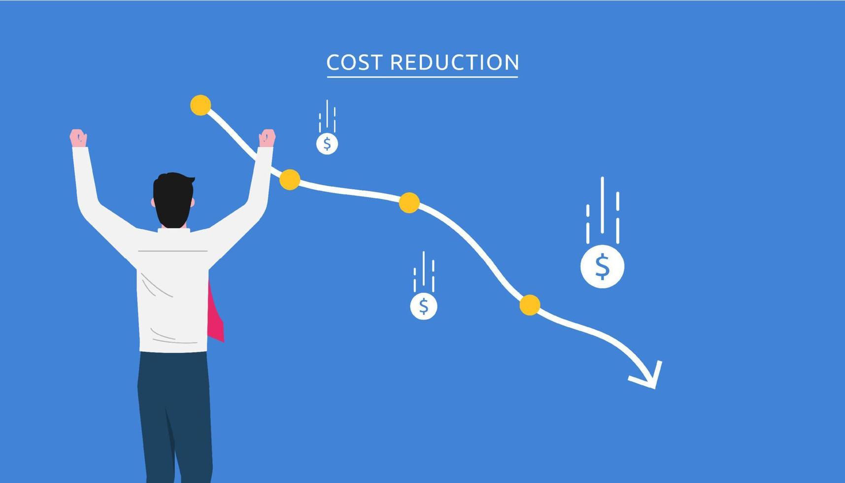 reducción de costos, reducción de costos, concepto de negocio de optimización de costos. gráfico de vistas de empresario con curva descendente y símbolo de caída de monedas. vector