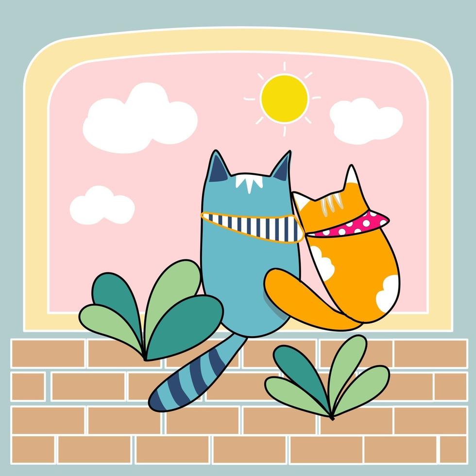 tarjeta del día del gato con 2 gatos mira el vector de dibujos animados dibujados a mano al atardecer