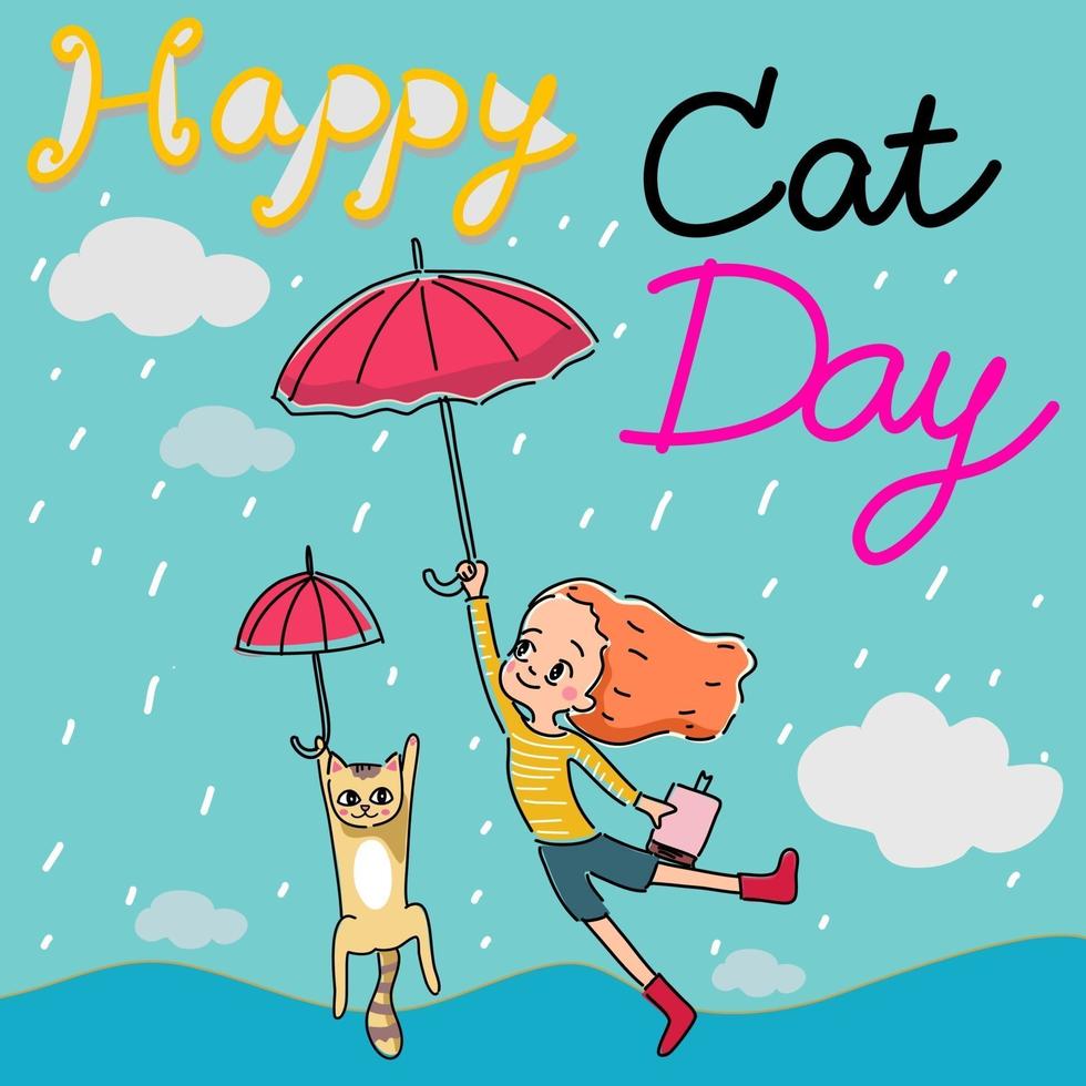 tarjeta del día del gato feliz. Ilustración de una niña con el libro y un gato sosteniendo paraguas rojos volando en el cielo azul lluvioso con vista a la montaña Vector de dibujos animados dibujados a mano con redacción feliz día del gato.